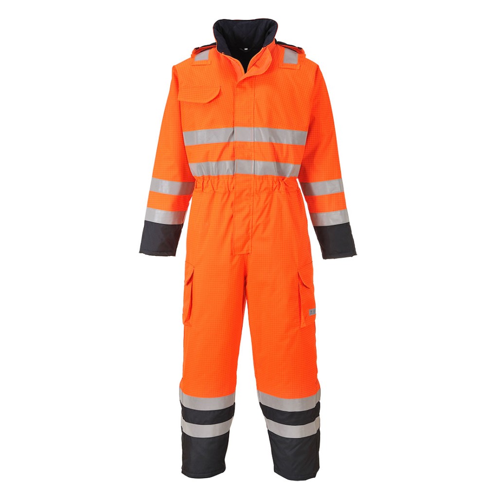 A high-visibility orange coverall featuring retroreflective tape panels, flame-resistant fabric, suitable for a wide range of outdoor and site work applications.