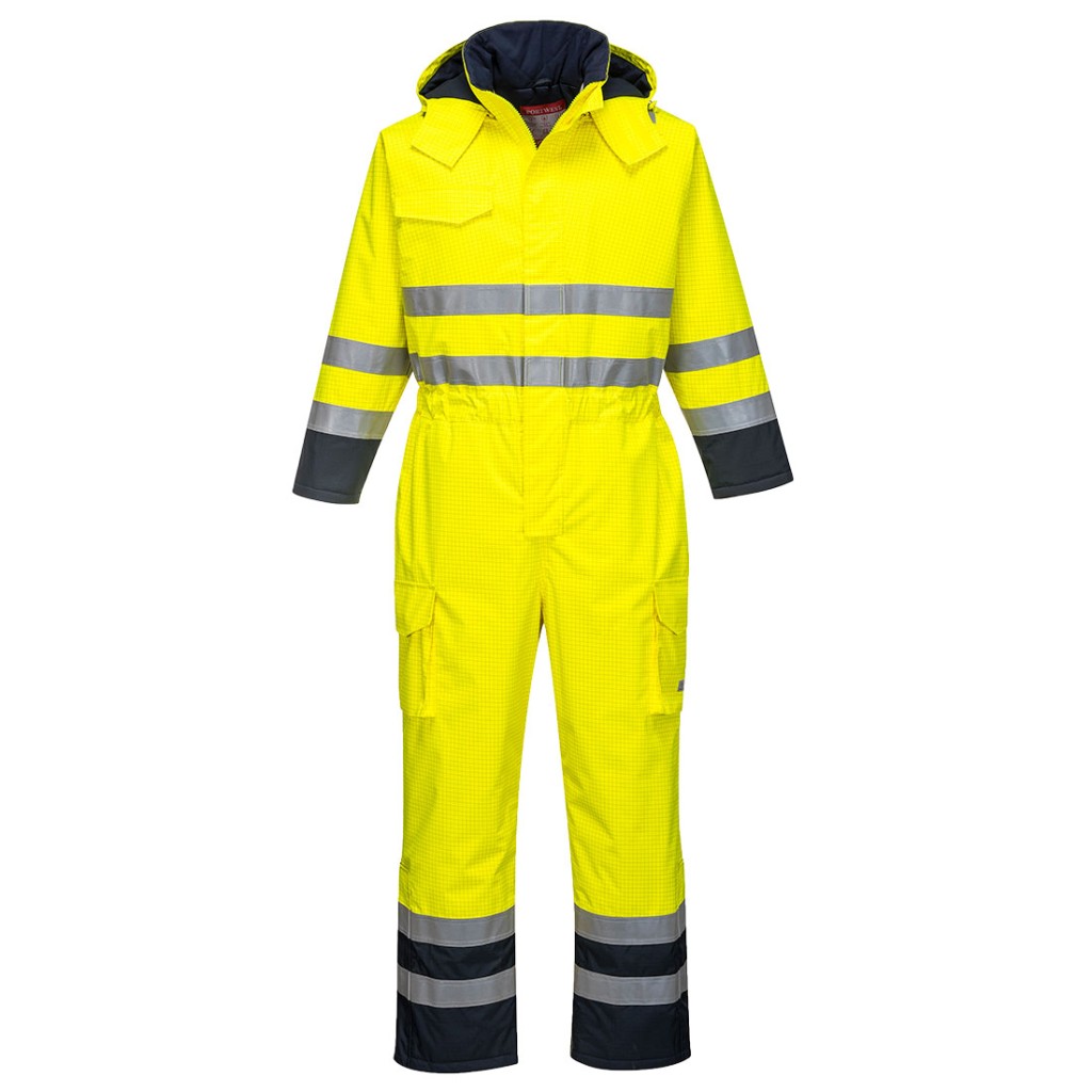 A high-visibility yellow coverall featuring retroreflective tape panels, flame-resistant fabric, suitable for a wide range of outdoor and site work applications.