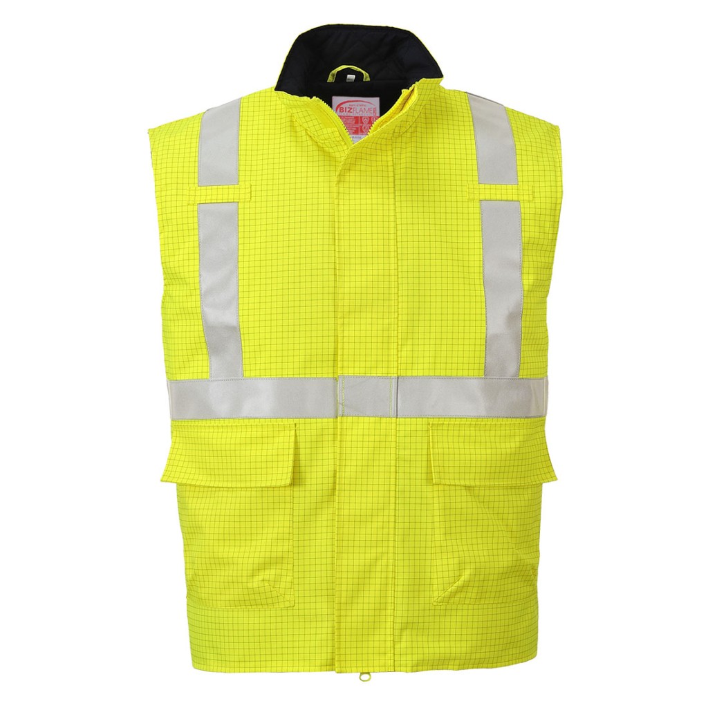 A high-visibility yellow workwear garment featuring retroreflective tape panels, flame-resistant fabric, suitable for a wide range of outdoor and site work applications.