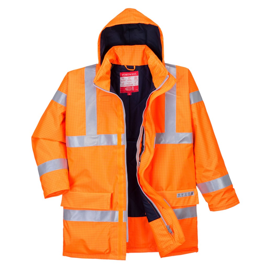 A high-visibility orange waterproof jacket featuring retroreflective tape panels, flame-resistant fabric, suitable for a wide range of outdoor and site work applications.