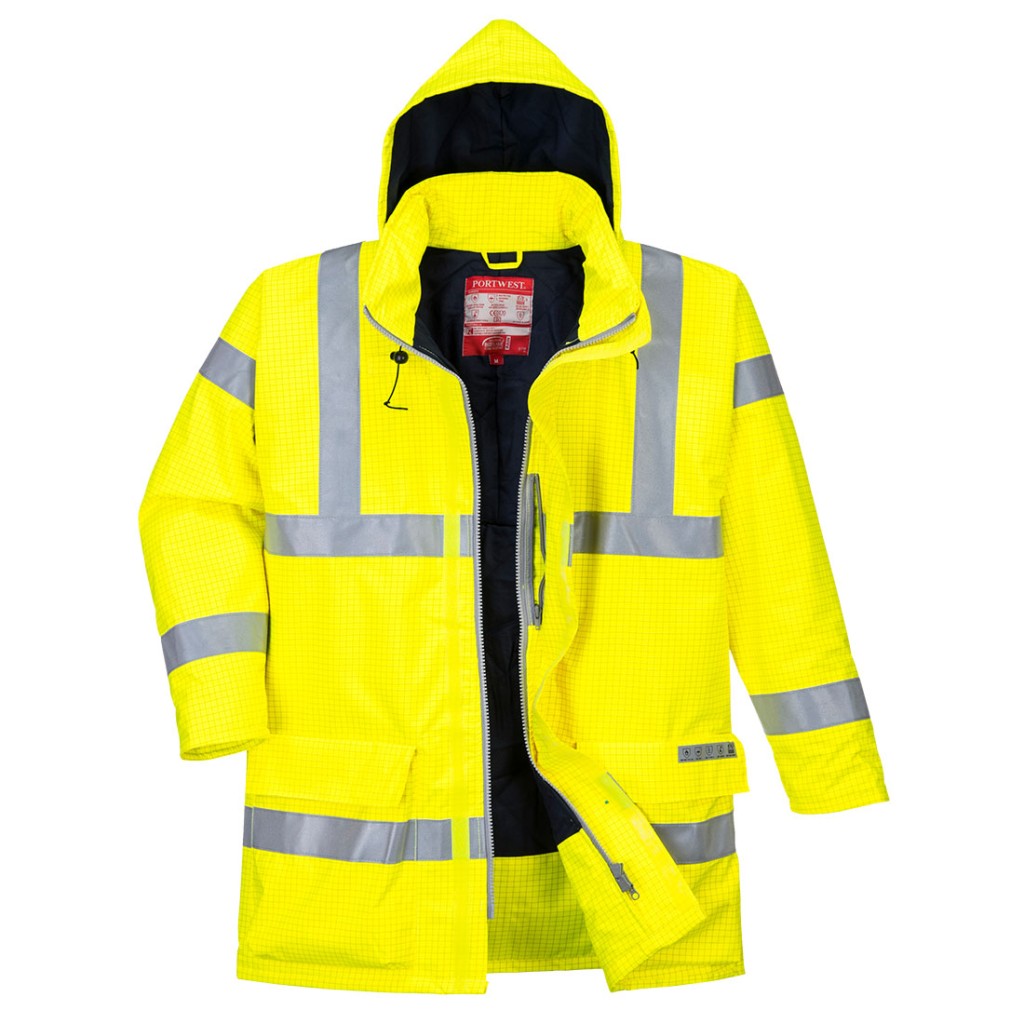 A high-visibility yellow waterproof jacket featuring retroreflective tape panels, flame-resistant fabric, suitable for a wide range of outdoor and site work applications.