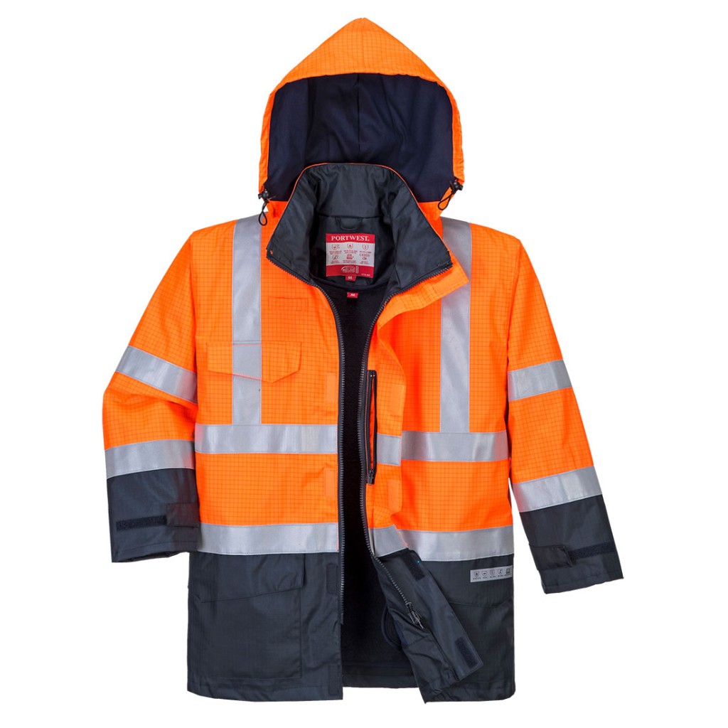 A high-visibility orange waterproof jacket featuring retroreflective tape panels, flame-resistant fabric, suitable for a wide range of outdoor and site work applications.