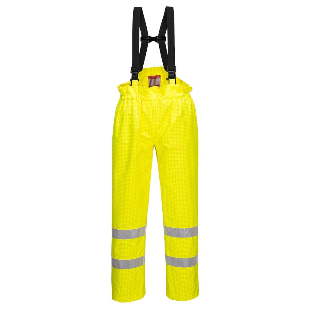 A pair of high-visibility yellow trousers featuring retroreflective tape panels, flame-resistant fabric, suitable for a wide range of outdoor and site work applications.