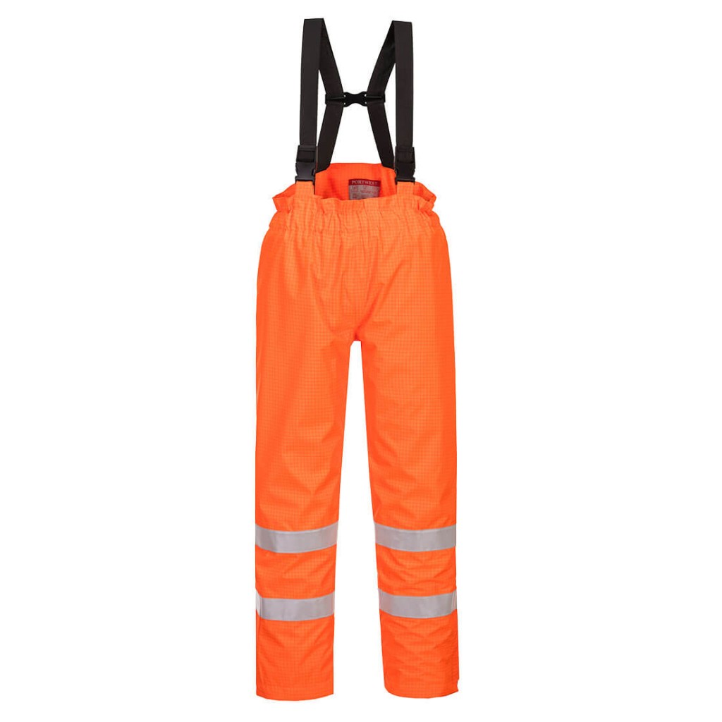 A pair of high-visibility orange trousers featuring retroreflective tape panels, flame-resistant fabric, suitable for a wide range of outdoor and site work applications.