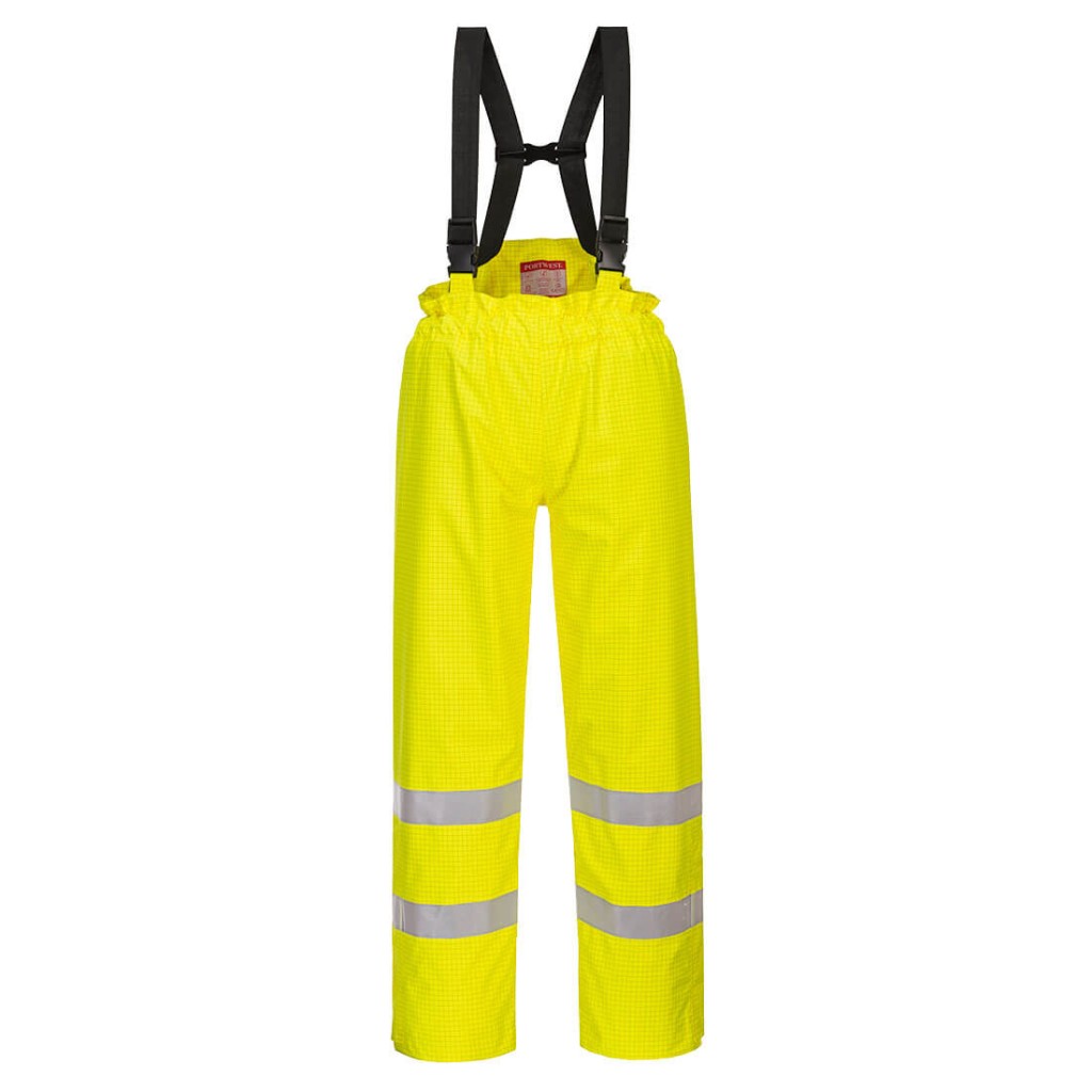 A pair of high-visibility yellow trousers featuring retroreflective tape panels, flame-resistant fabric, suitable for a wide range of outdoor and site work applications.