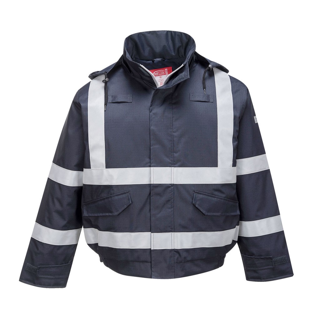 A navy blue waterproof jacket featuring flame-resistant fabric, suitable for a wide range of outdoor and site work applications.