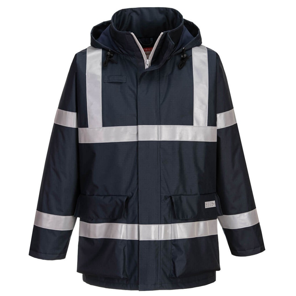 A navy blue waterproof jacket featuring flame-resistant fabric, suitable for a wide range of outdoor and site work applications.
