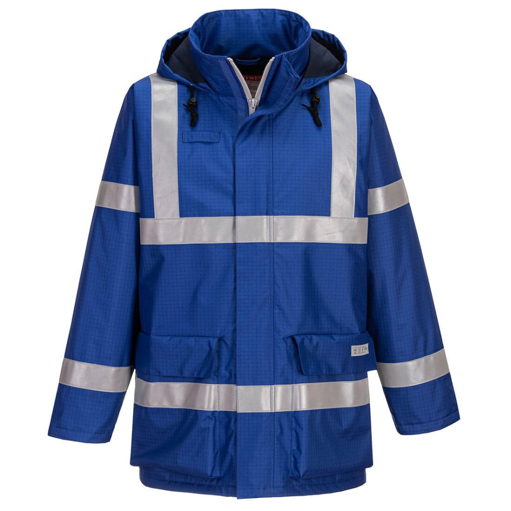 A blue waterproof jacket featuring flame-resistant fabric, suitable for a wide range of outdoor and site work applications.