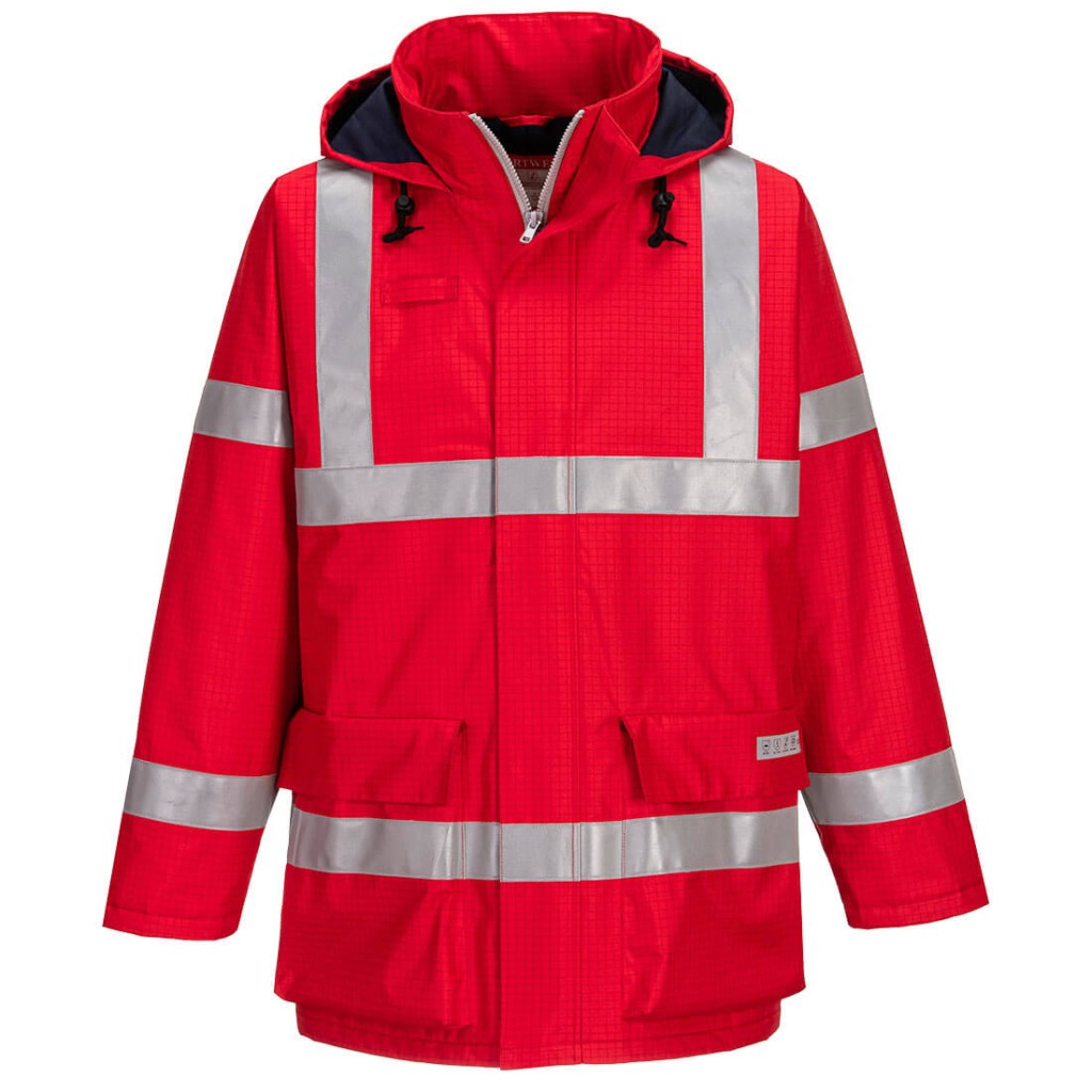 A red waterproof jacket featuring flame-resistant fabric, suitable for a wide range of outdoor and site work applications.