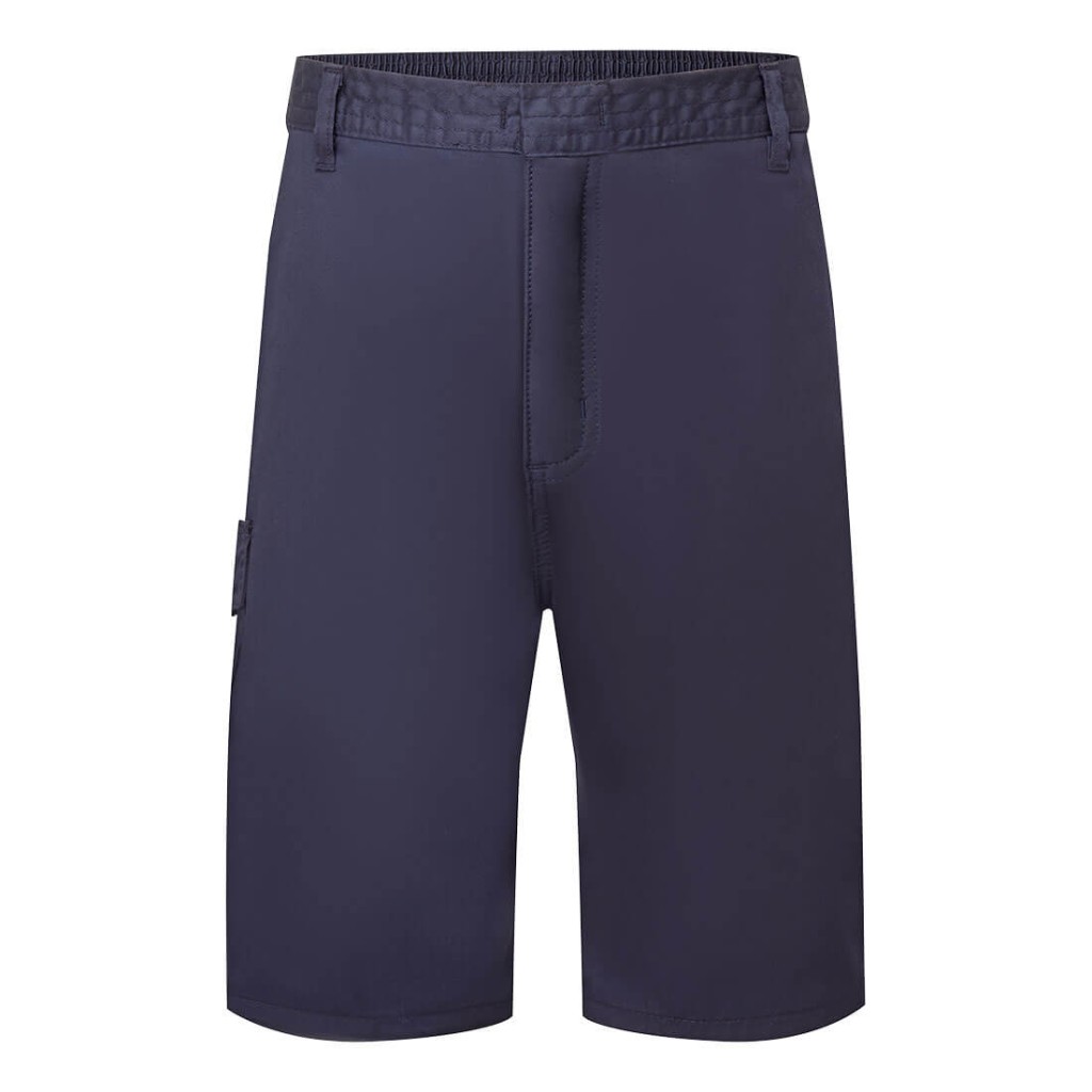 A navy blue workwear garment designed for use on construction sites and in industrial work environments.,
