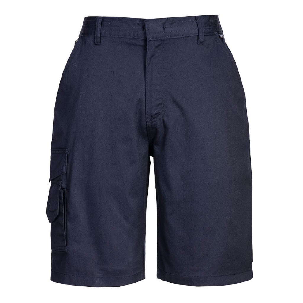 A women's navy blue workwear garment designed for use on construction sites and in industrial work environments.,