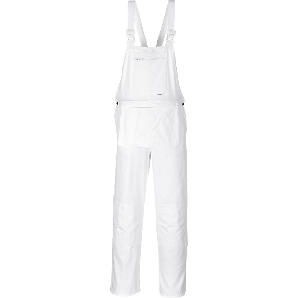 A white workwear garment designed for use on construction sites and in industrial work environments.,