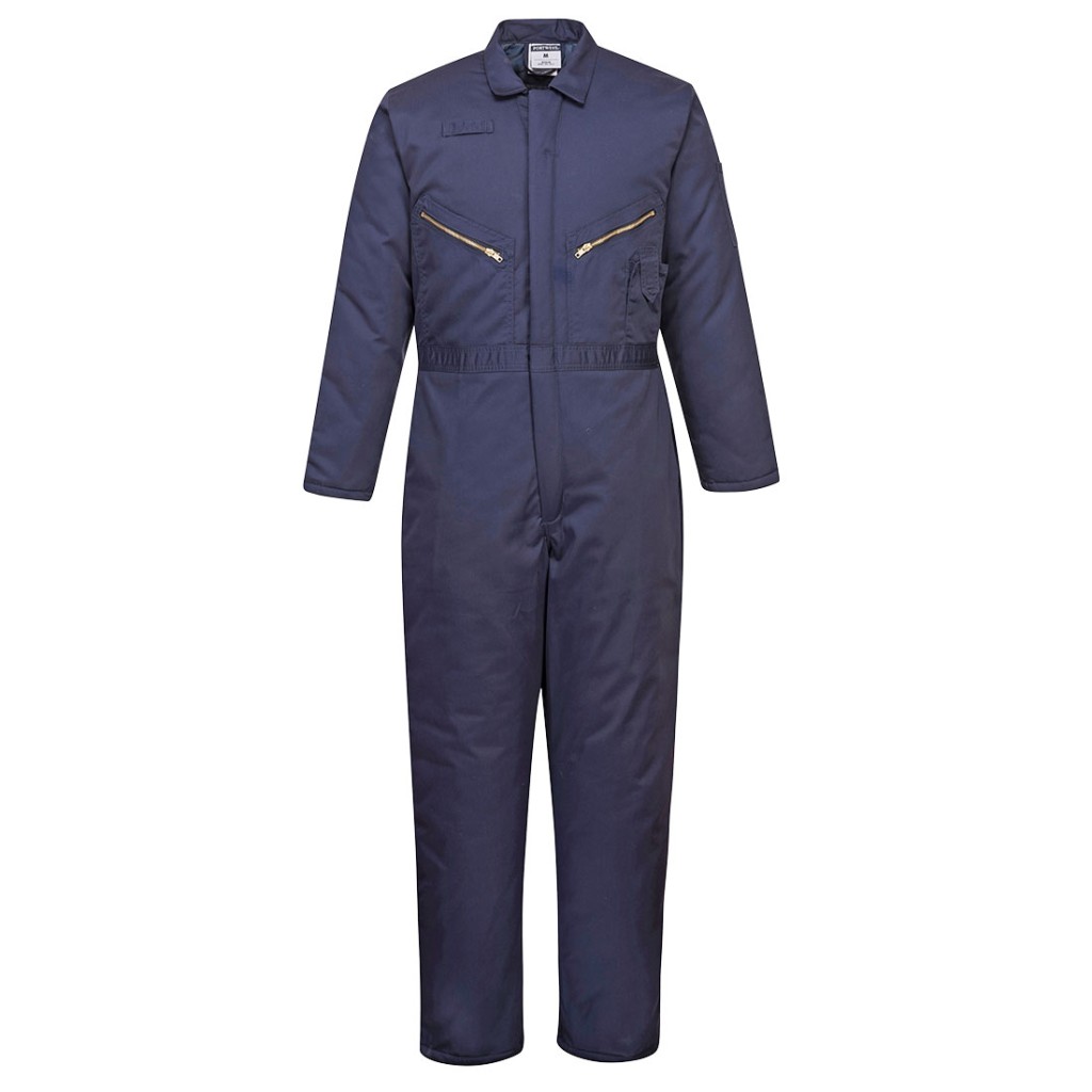 A navy blue coverall featuring a warm thermal lining, suitable for a wide range of outdoor and site work applications.