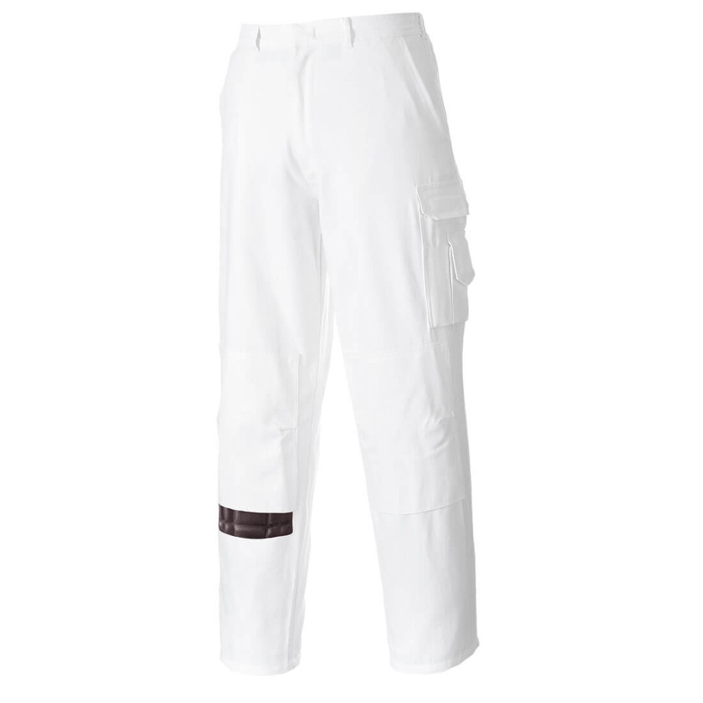 A pair of white work trousers designed for use on construction sites and in industrial work environments.,