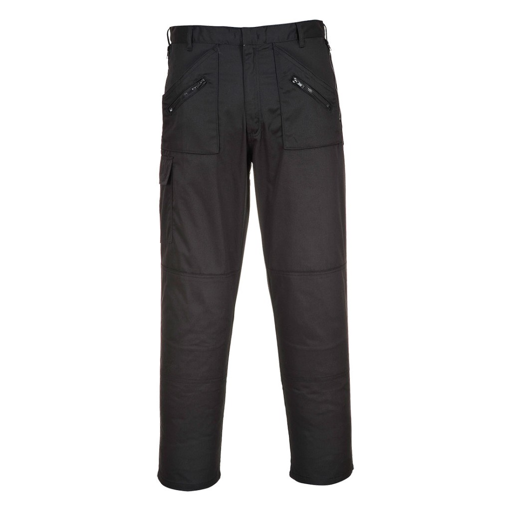A pair of black work trousers designed for use on construction sites and in industrial work environments.,