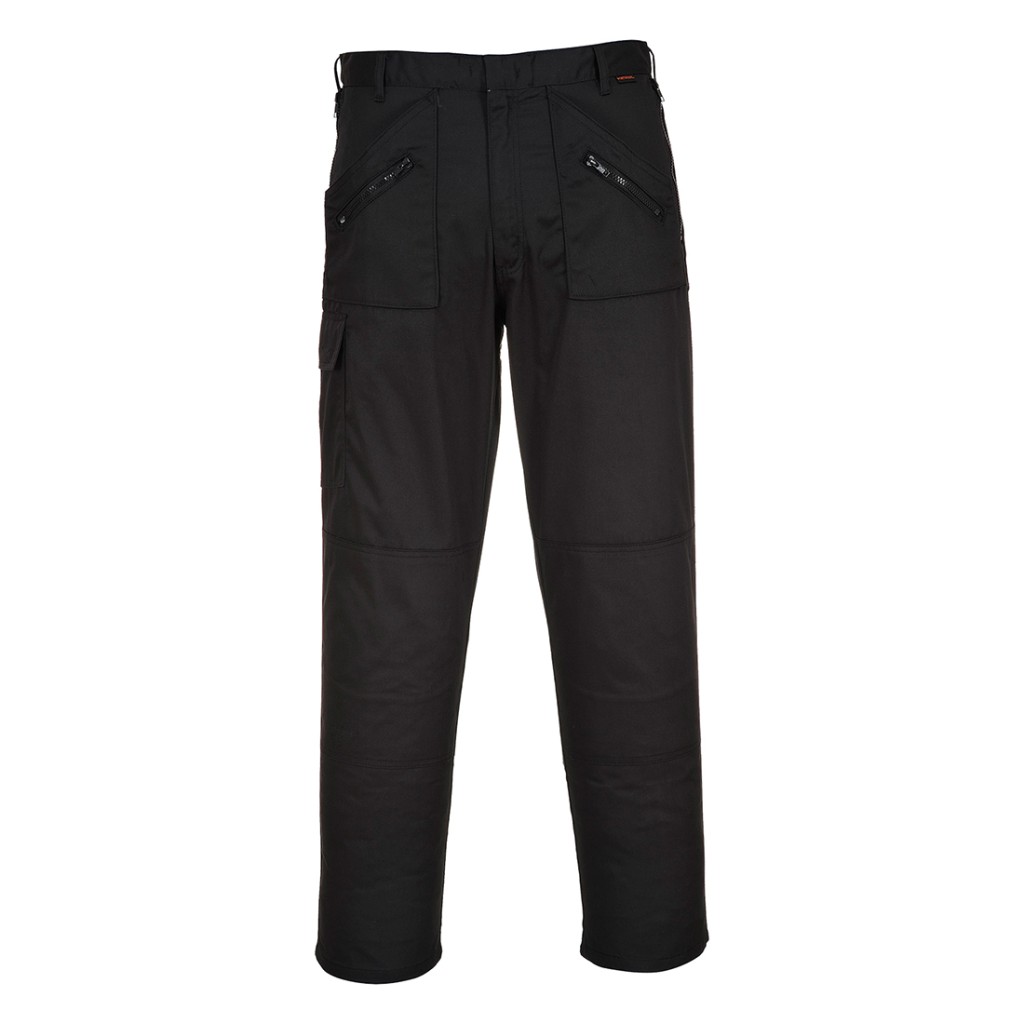 A pair of black work trousers designed for use on construction sites and in industrial work environments.,