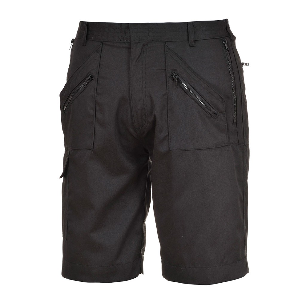 A black workwear garment designed for use on construction sites and in industrial work environments.,