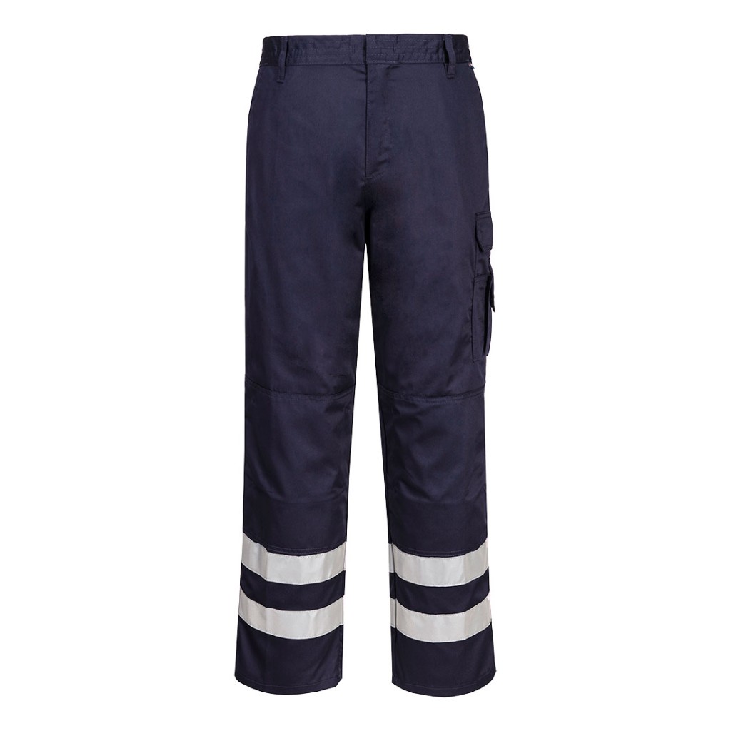 A pair of navy blue work trousers designed for use on construction sites and in industrial work environments.,