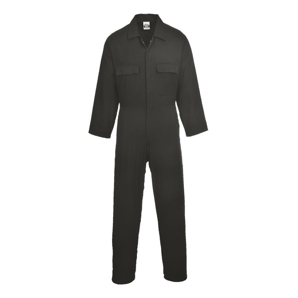 A black coverall designed for use on construction sites and in industrial work environments.,