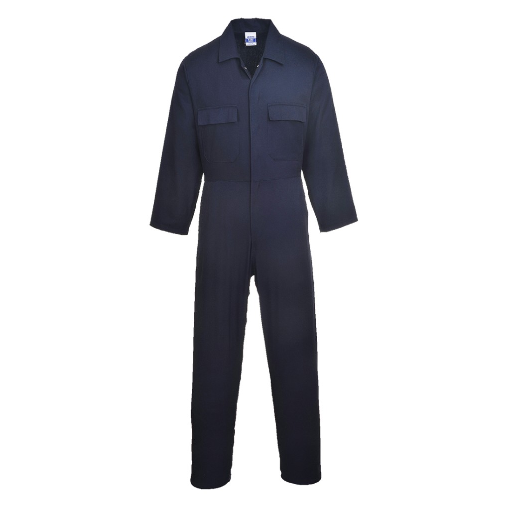 A navy blue coverall designed for use on construction sites and in industrial work environments.,