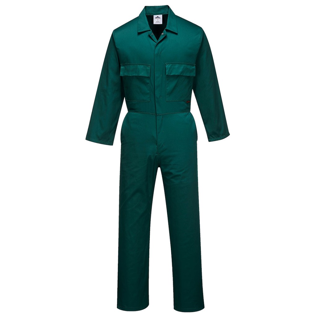 A green coverall designed for use on construction sites and in industrial work environments.,