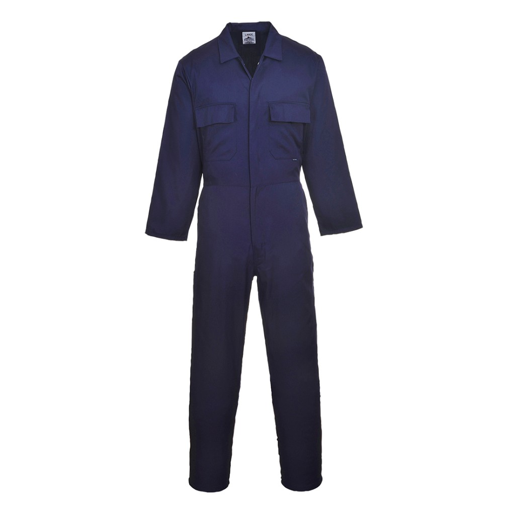 A navy blue coverall designed for use on construction sites and in industrial work environments.,