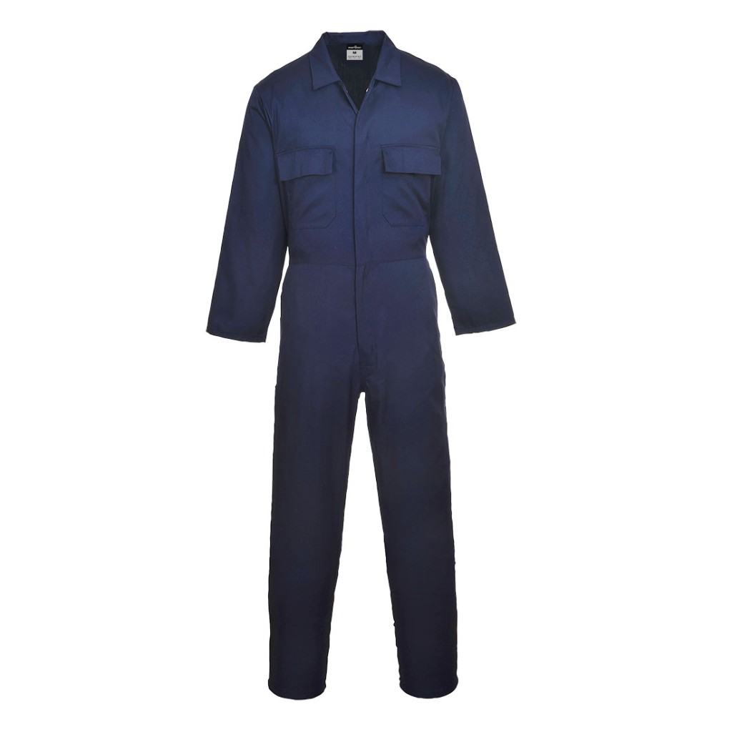 A navy blue coverall designed for use on construction sites and in industrial work environments.,