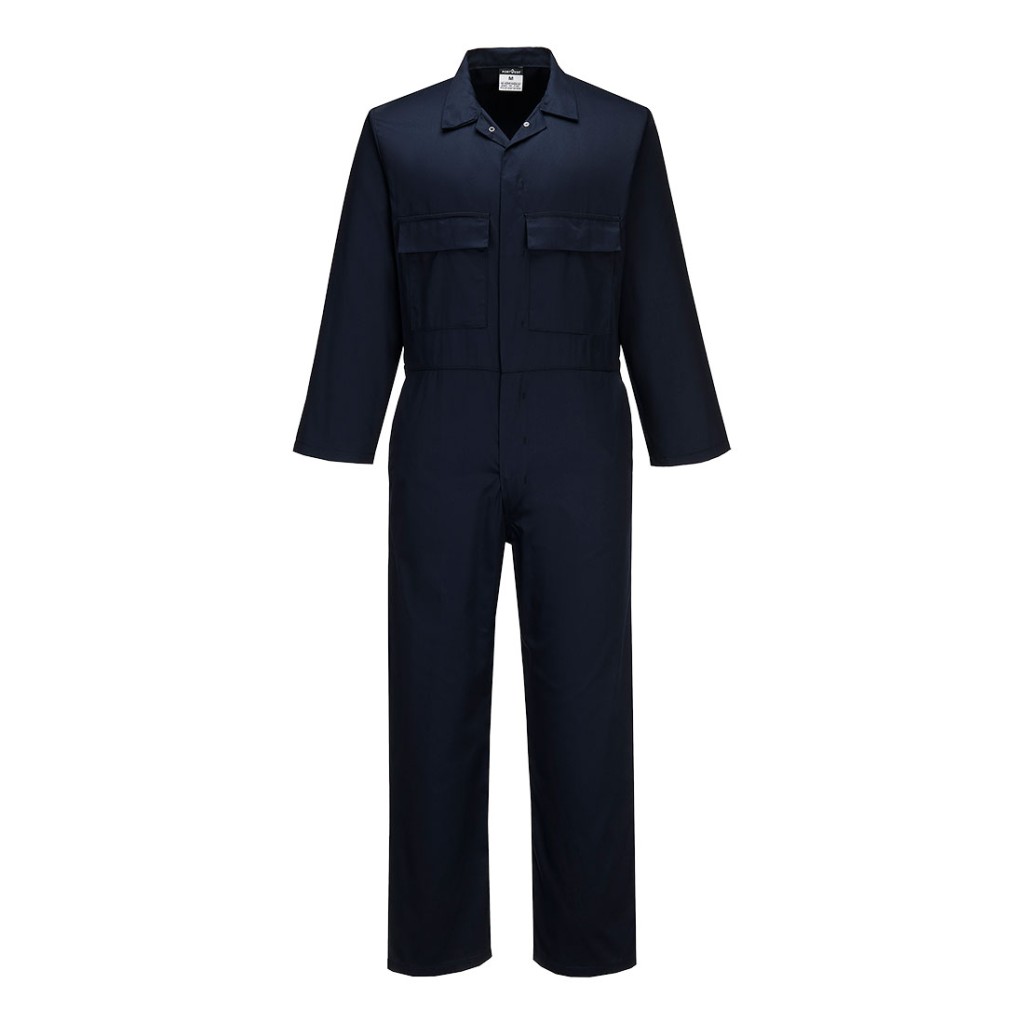 A black coverall designed for use on construction sites and in industrial work environments.,