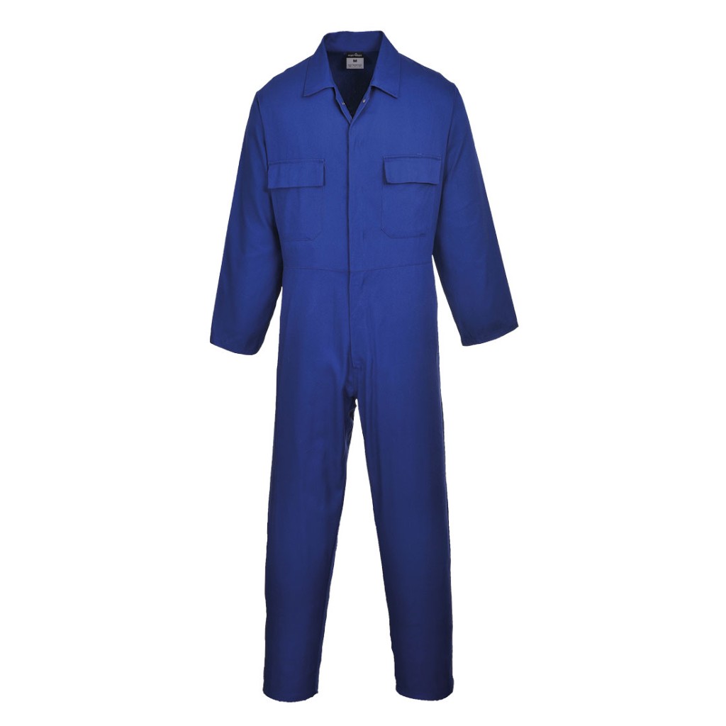 A blue coverall designed for use on construction sites and in industrial work environments.,