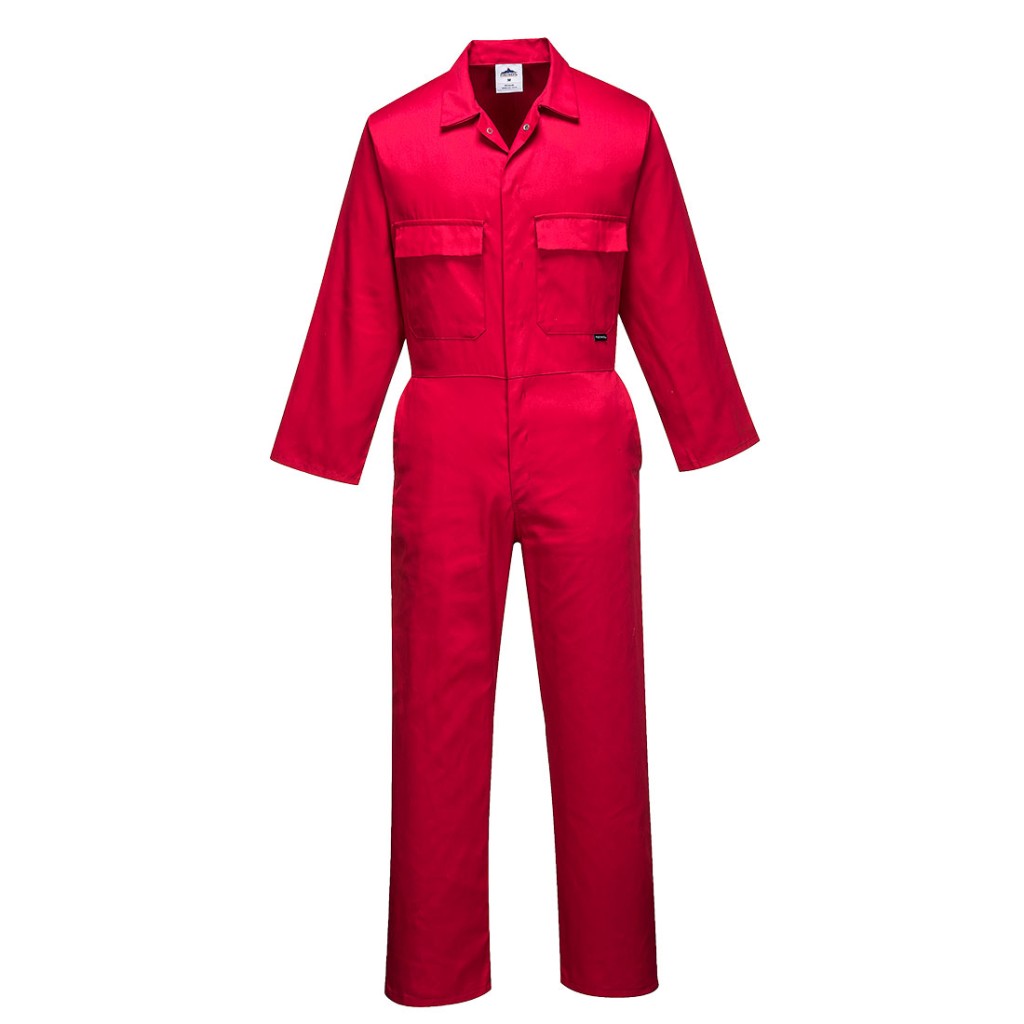 A red coverall designed for use on construction sites and in industrial work environments.,
