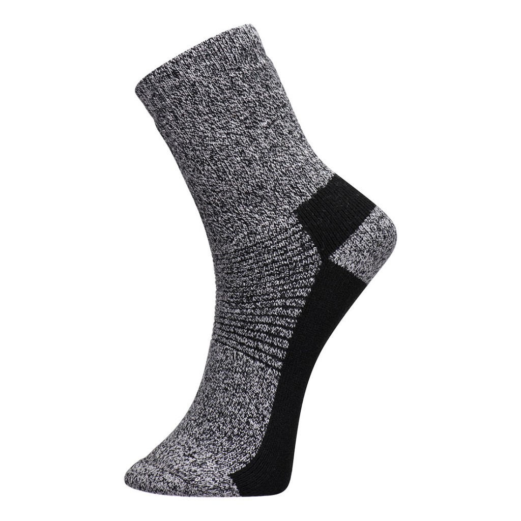 A pair of grey work socks with reinforced heel and toe, designed for comfort during extended wear in work boots.