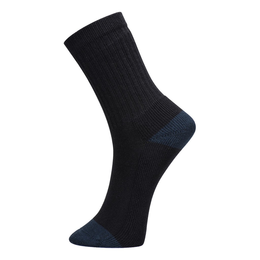 A pair of black work socks with reinforced heel and toe, designed for comfort during extended wear in work boots.