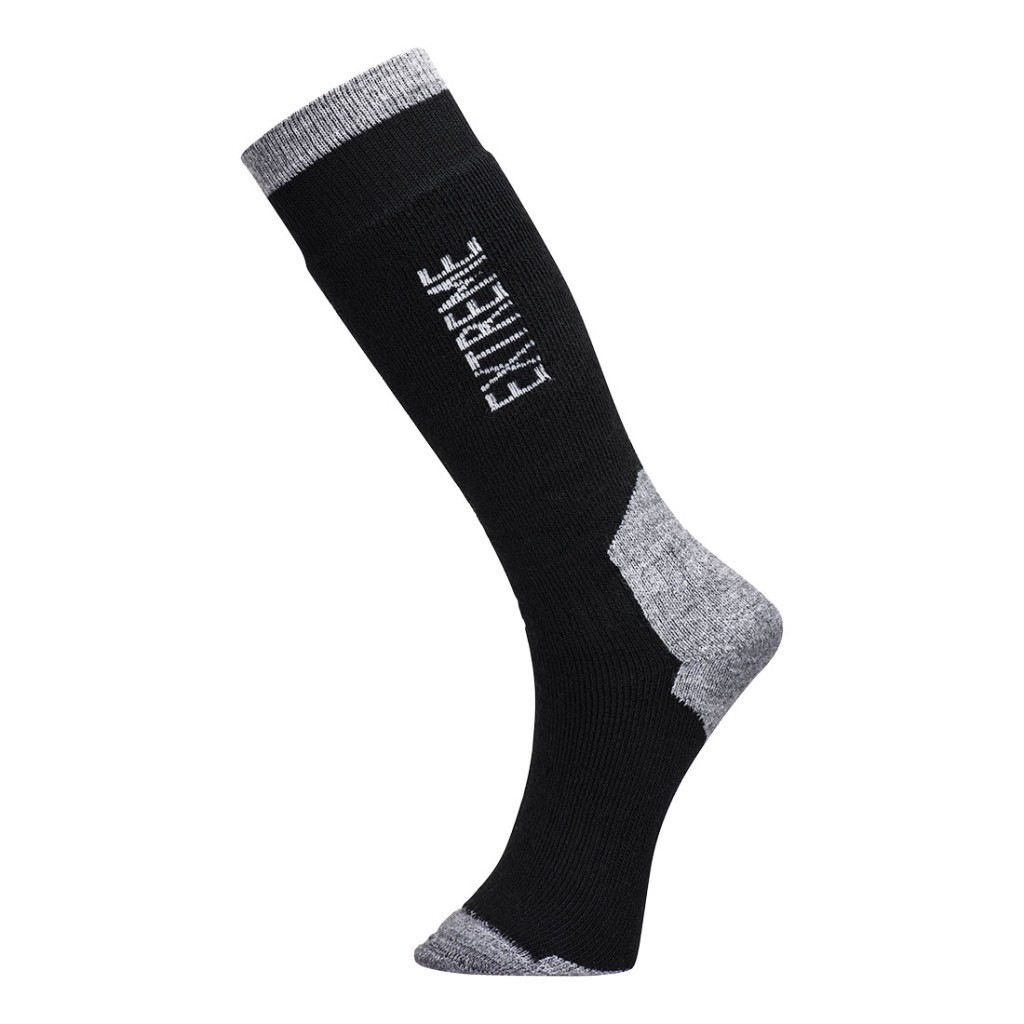 A pair of black work socks with reinforced heel and toe, designed for comfort during extended wear in work boots.