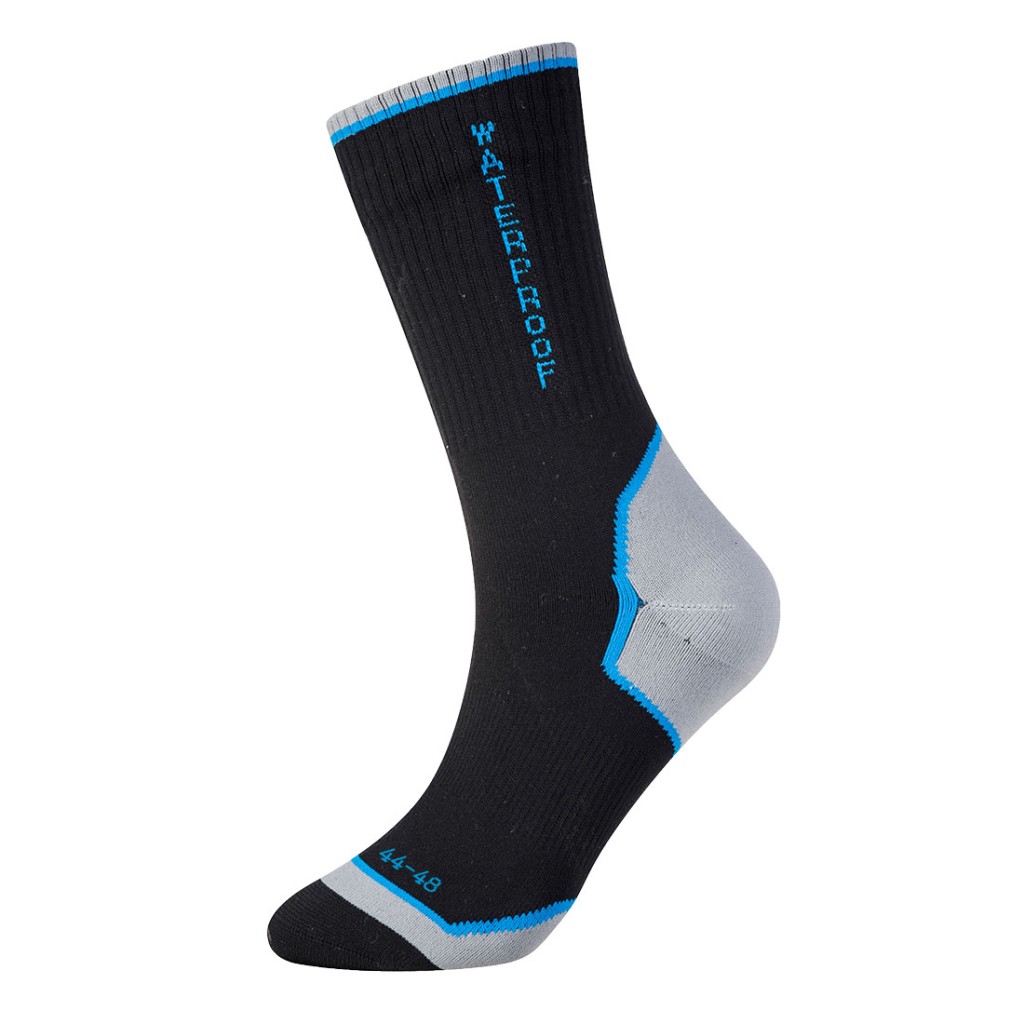 A pair of black work socks with reinforced heel and toe, designed for comfort during extended wear in work boots.