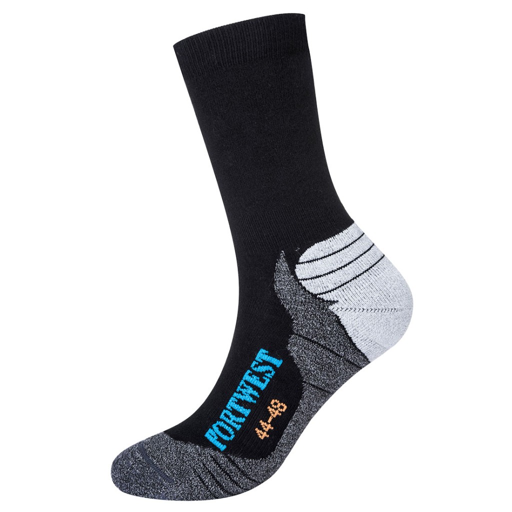 A pair of black work socks with reinforced heel and toe, designed for comfort during extended wear in work boots.