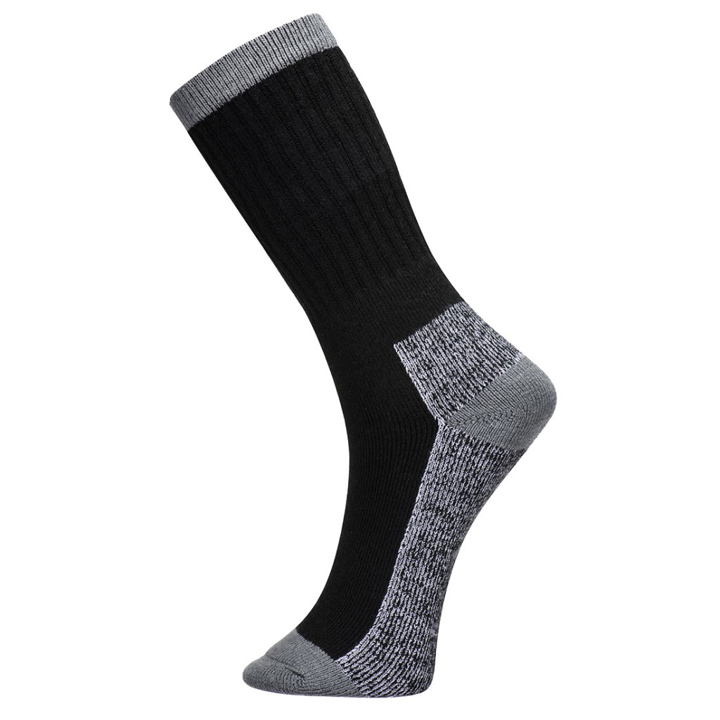A pair of black work socks with reinforced heel and toe, designed for comfort during extended wear in work boots.