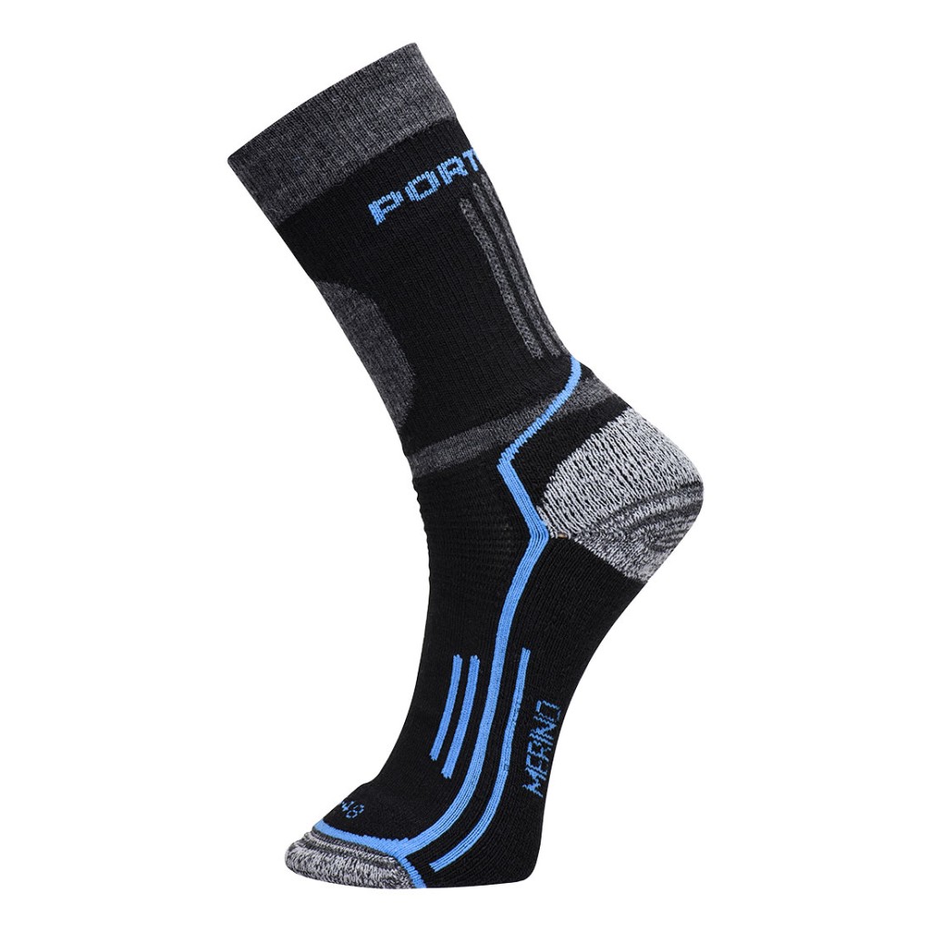 A pair of black work socks with reinforced heel and toe, designed for comfort during extended wear in work boots.