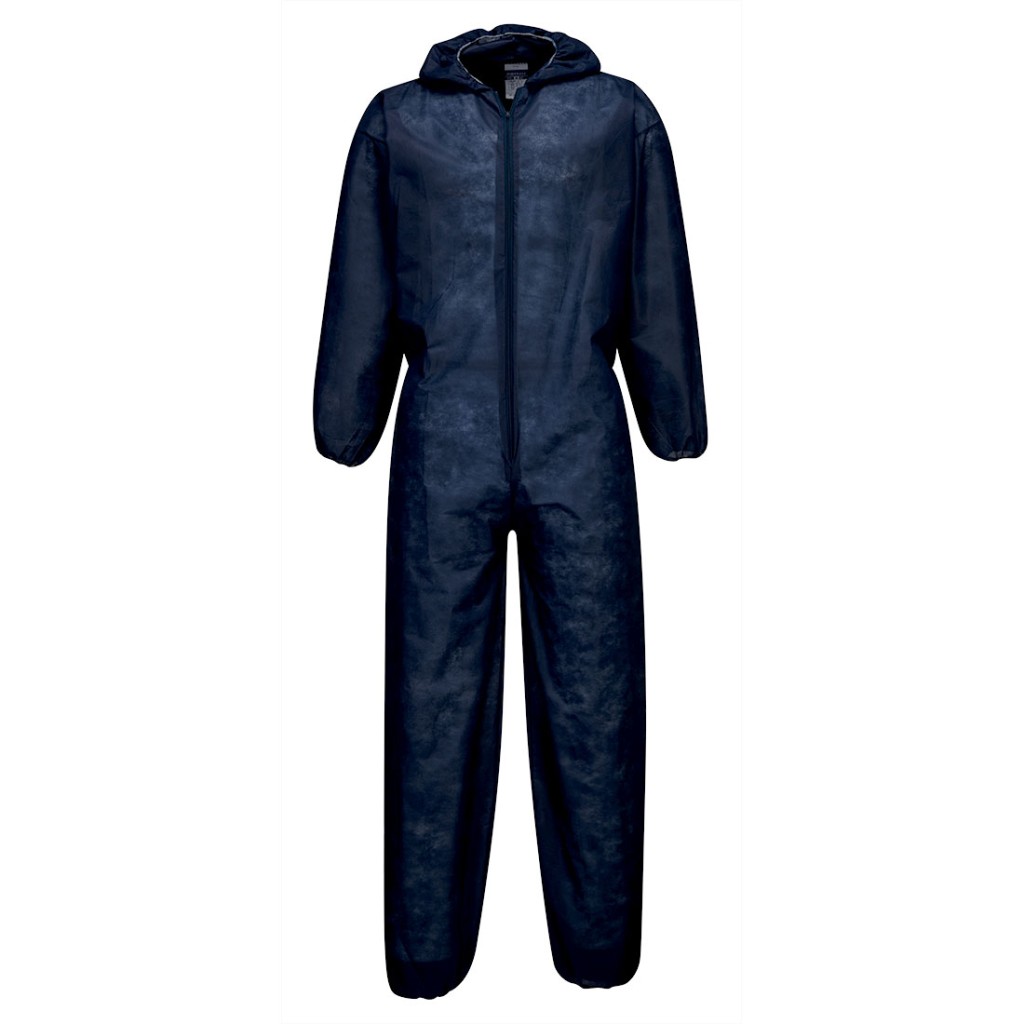 A navy blue coverall designed for use on construction sites and in industrial work environments.,