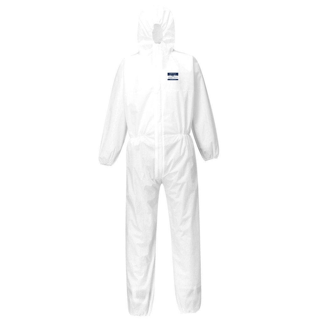 A white coverall designed for use on construction sites and in industrial work environments.,