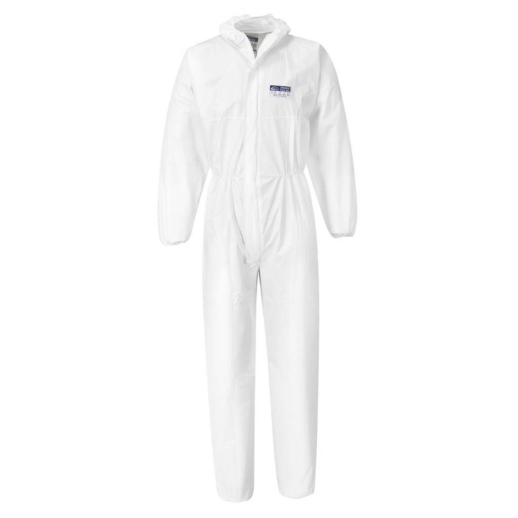 A white coverall designed for use on construction sites and in industrial work environments.,