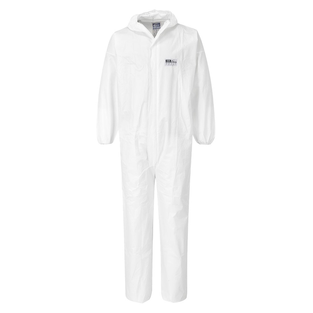 A white coverall designed for use on construction sites and in industrial work environments.,