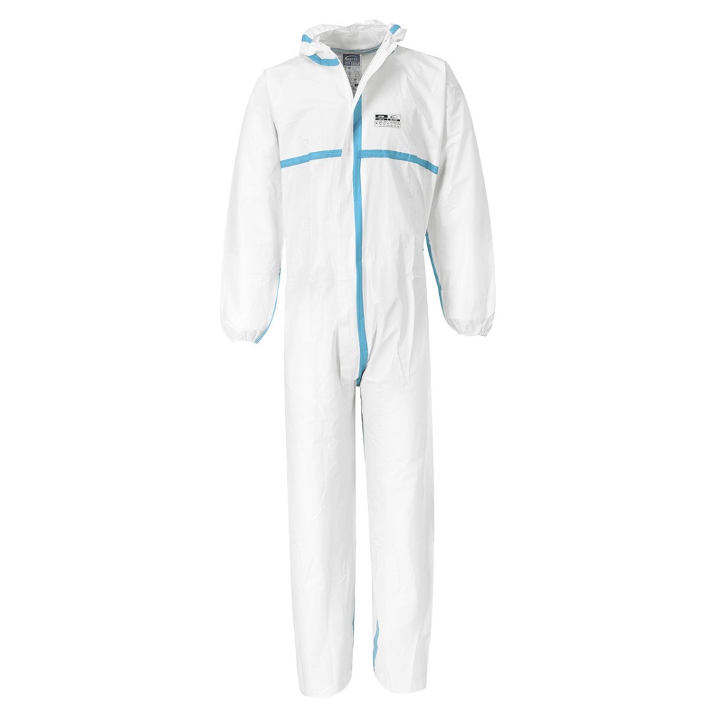 A white coverall designed for use on construction sites and in industrial work environments.,