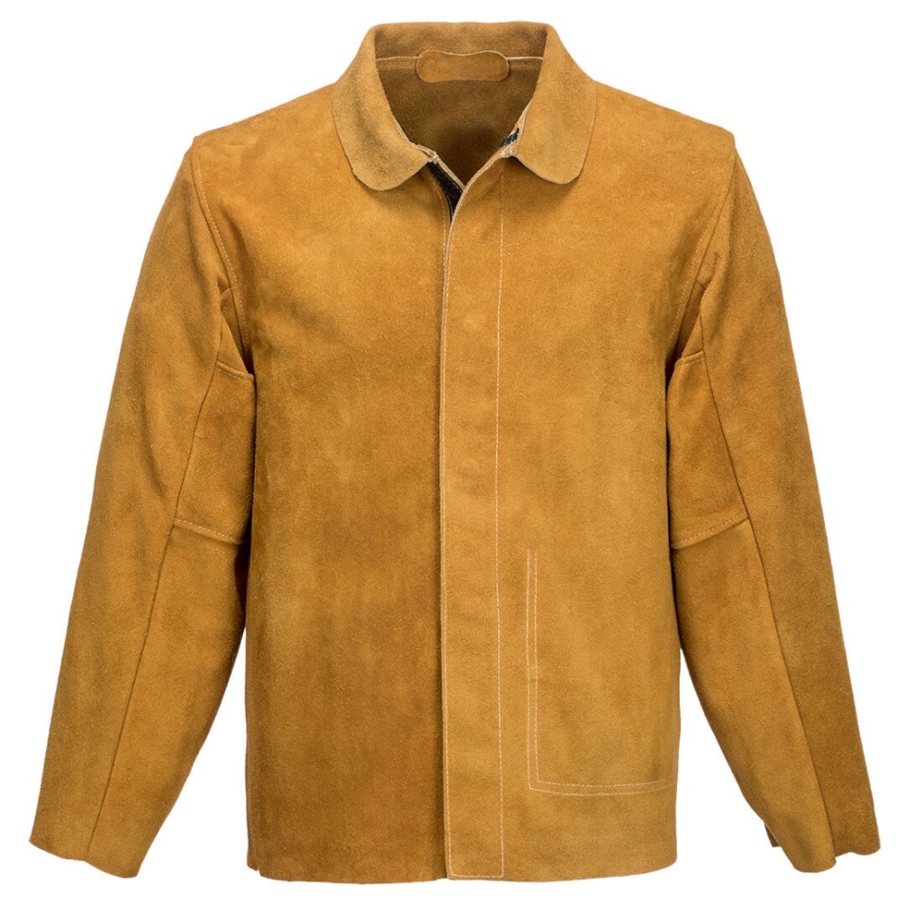 A tan jacket featuring flame-resistant fabric, suitable for a wide range of outdoor and site work applications.