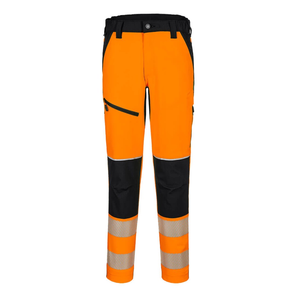 A pair of high-visibility orange trousers featuring retroreflective tape panels, stretch panels for ease of movement, suitable for a wide range of outdoor and site work applications.