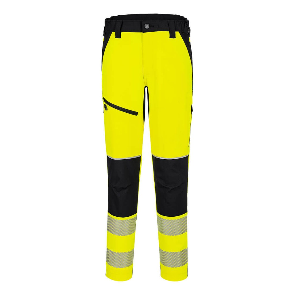 A pair of high-visibility yellow trousers featuring retroreflective tape panels, stretch panels for ease of movement, suitable for a wide range of outdoor and site work applications.