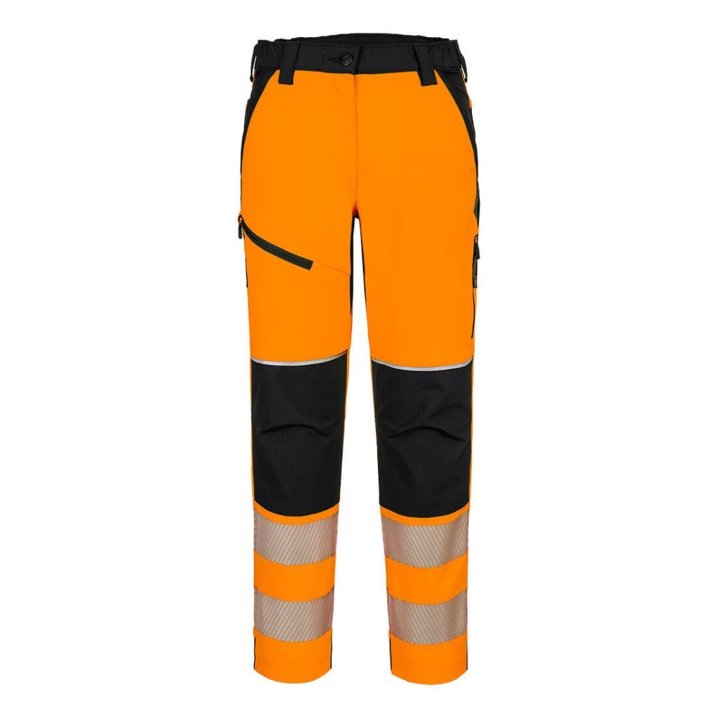 A pair of women's high-visibility orange trousers featuring retroreflective tape panels, stretch panels for ease of movement, suitable for a wide range of outdoor and site work applications.