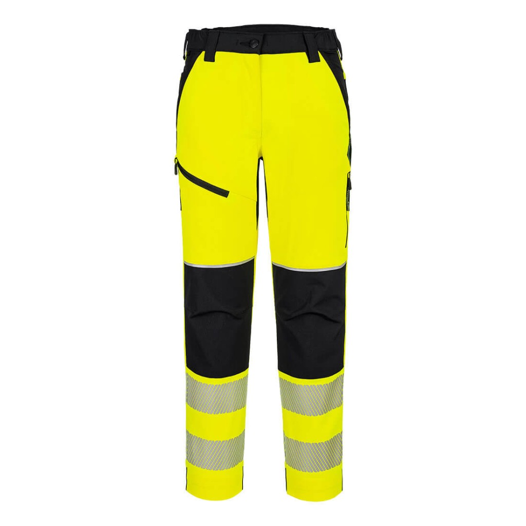 A pair of women's high-visibility yellow trousers featuring retroreflective tape panels, stretch panels for ease of movement, suitable for a wide range of outdoor and site work applications.
