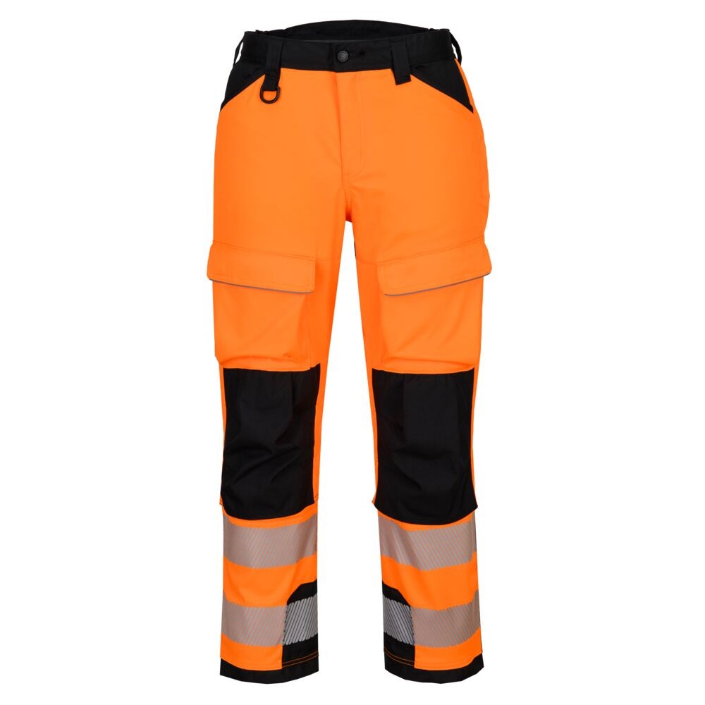 A pair of high-visibility orange trousers featuring retroreflective tape panels, suitable for a wide range of outdoor and site work applications.