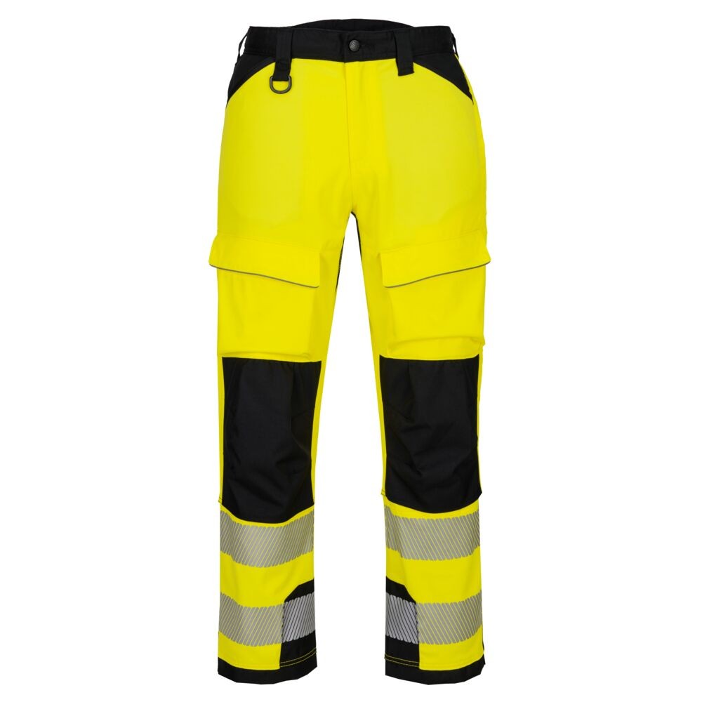 A pair of high-visibility yellow trousers featuring retroreflective tape panels, suitable for a wide range of outdoor and site work applications.