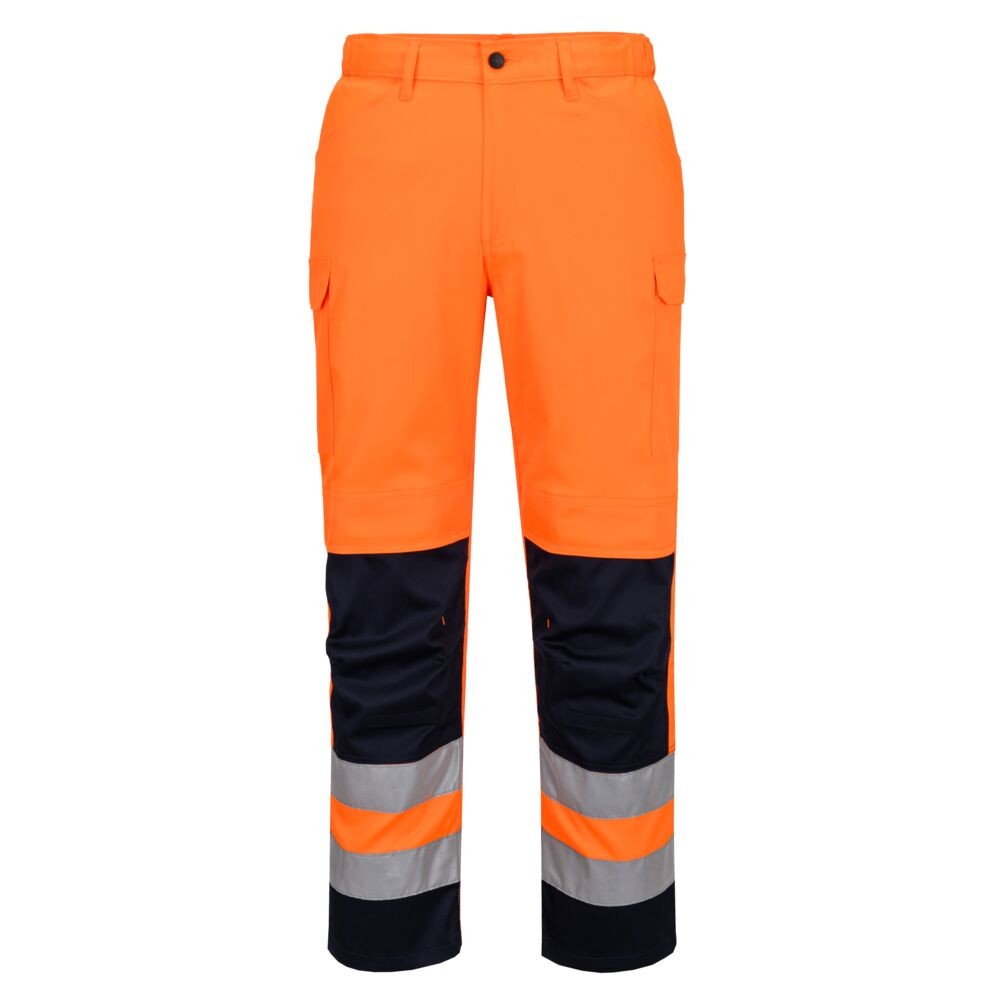 A pair of high-visibility orange trousers featuring retroreflective tape panels, suitable for a wide range of outdoor and site work applications.